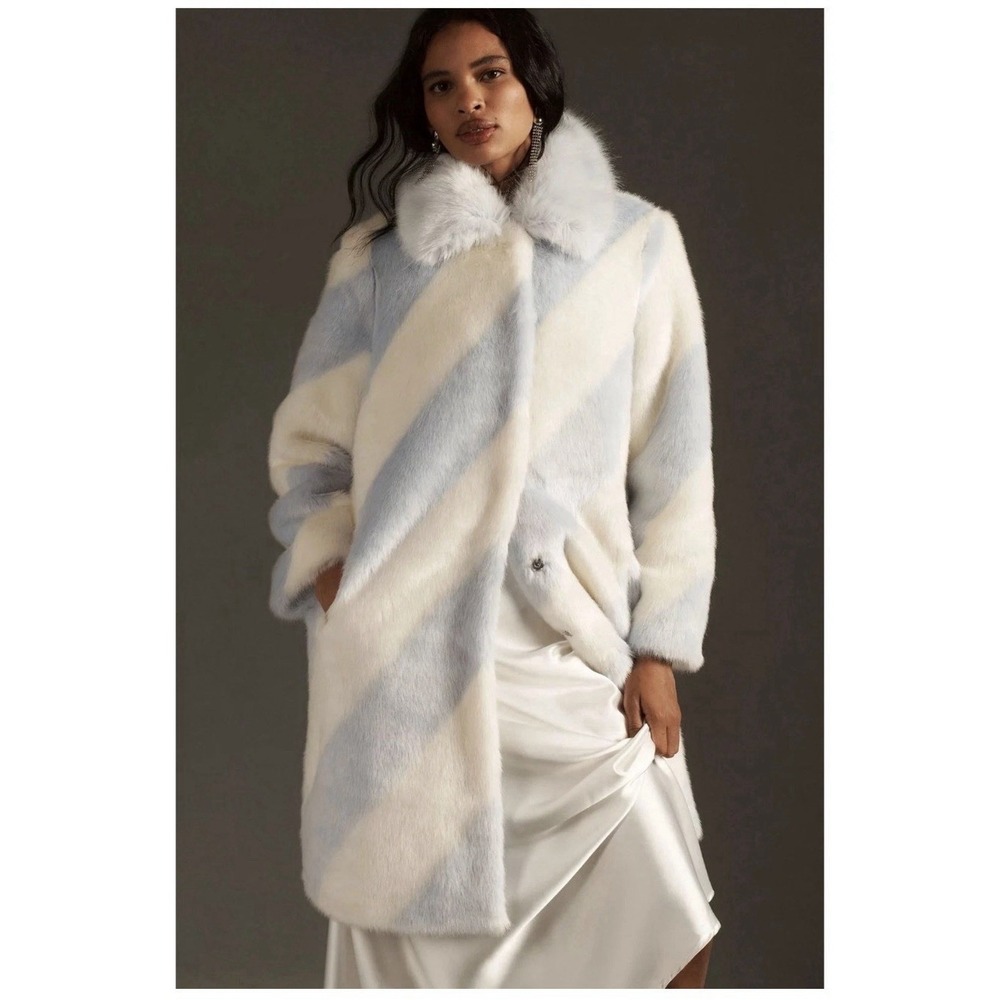 Maeve by Anthropologie Faux Fur Snow White Striped Coat.  Size M